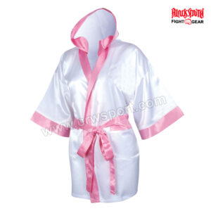 Women Hooded Satin Boxing Robe White CRW-BR-08