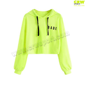 Fluorescent Green Crop Top Hoodies Full Sleeves Shirt CRW-CT-1008